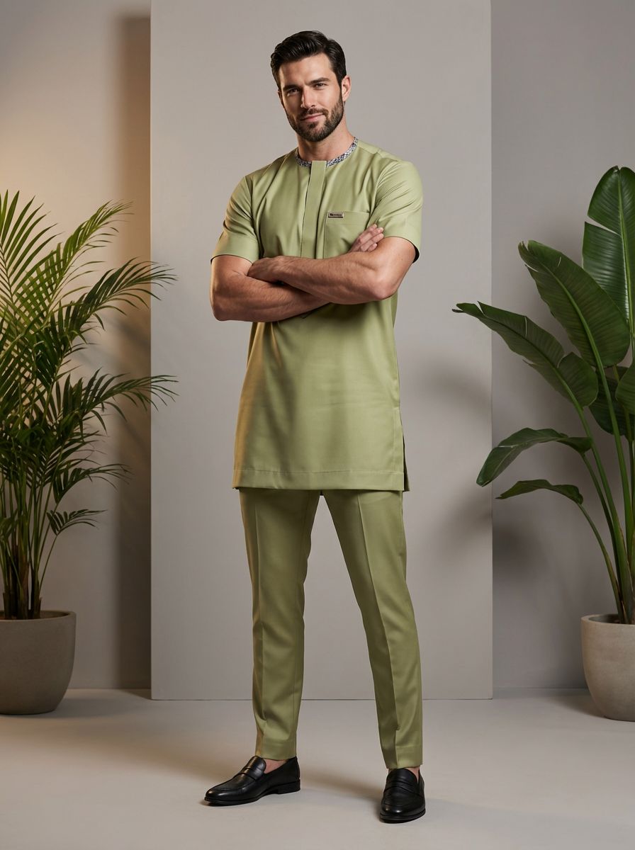 DerightFS Men's Luxury Sage Green Senator Wear Set – Modern Short Sleeve African Tunic Top & Slim-Fit Trousers | Premium Nigerian Menswear for Weddings, Owambe & Special Occasions