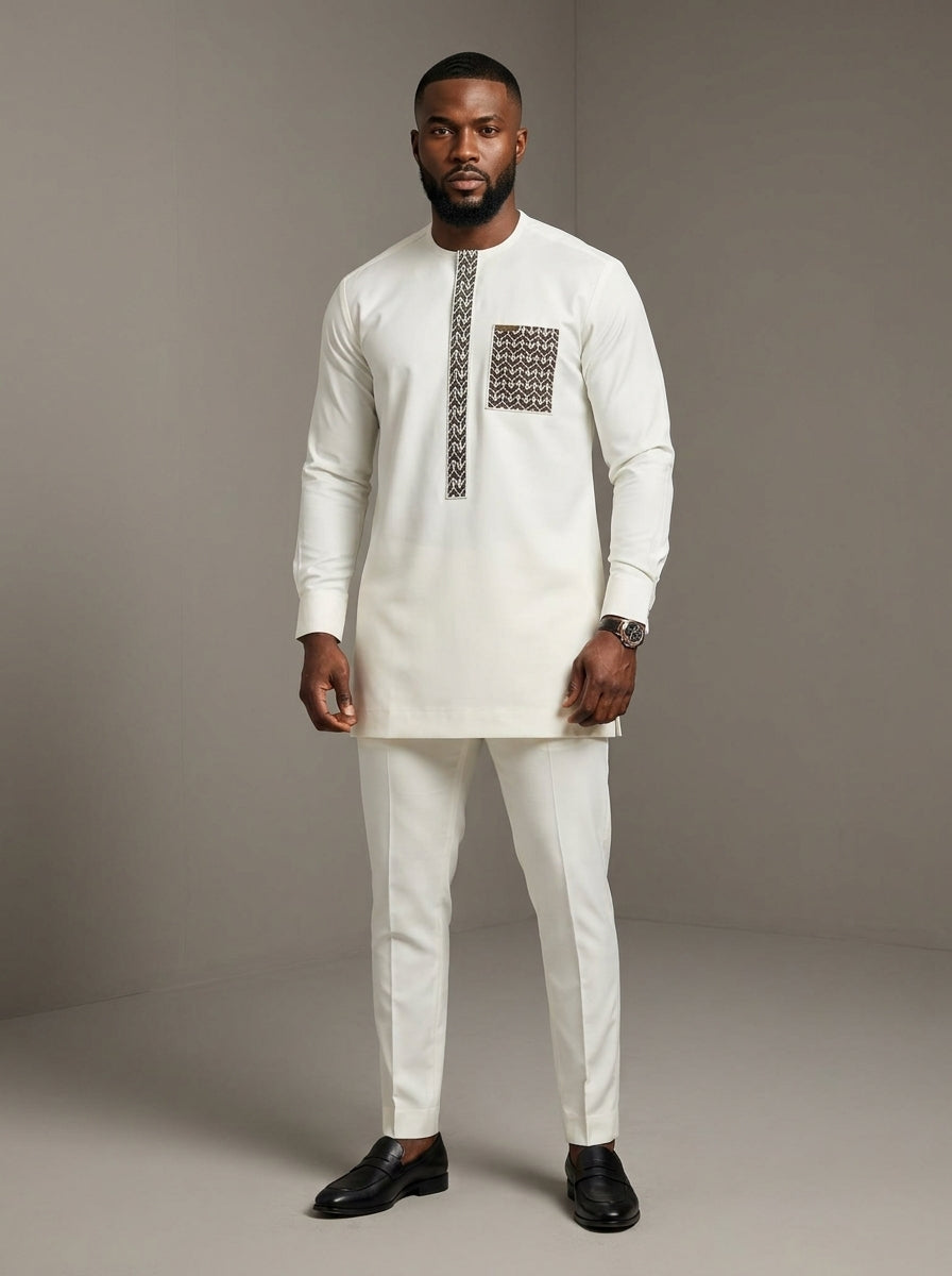 Men’s Ivory Senator Kaftan Set with Patterned Flap & Pocket | Luxury African Traditional Wear | Wedding & Occasion Outfit – DerightFS