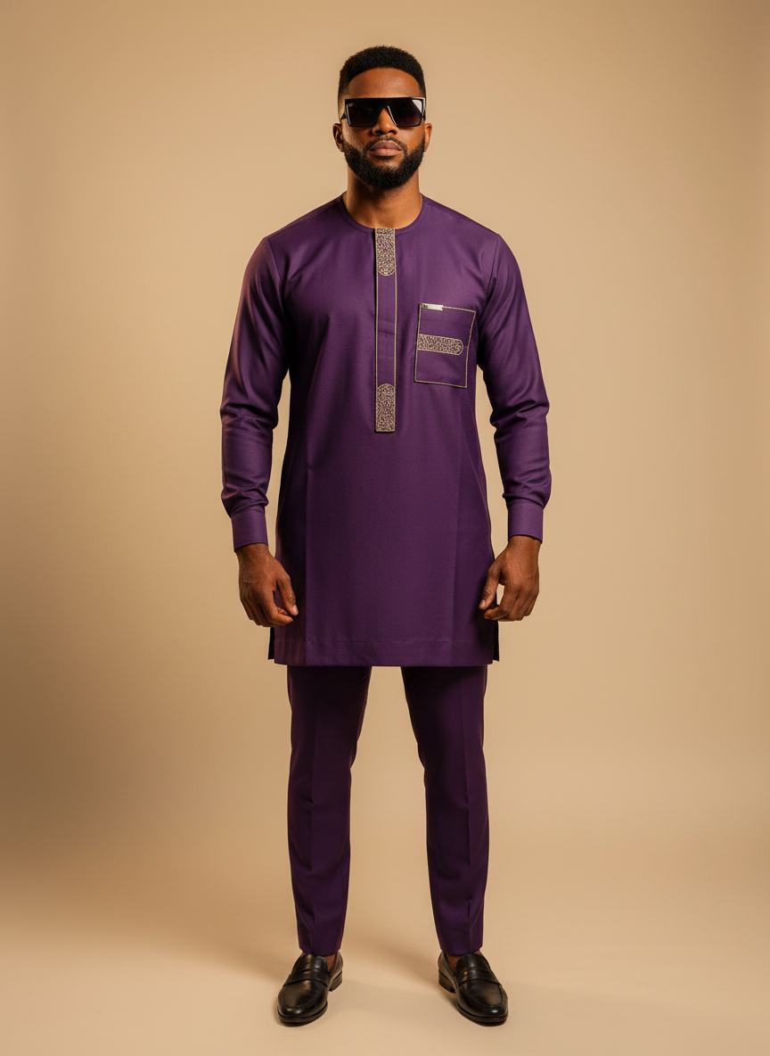 Royal Purple Gold Coral Reef Embroidered Two-Piece Men's Kaftan Senator Suit | Premium African Luxury Menswear | DerightFS