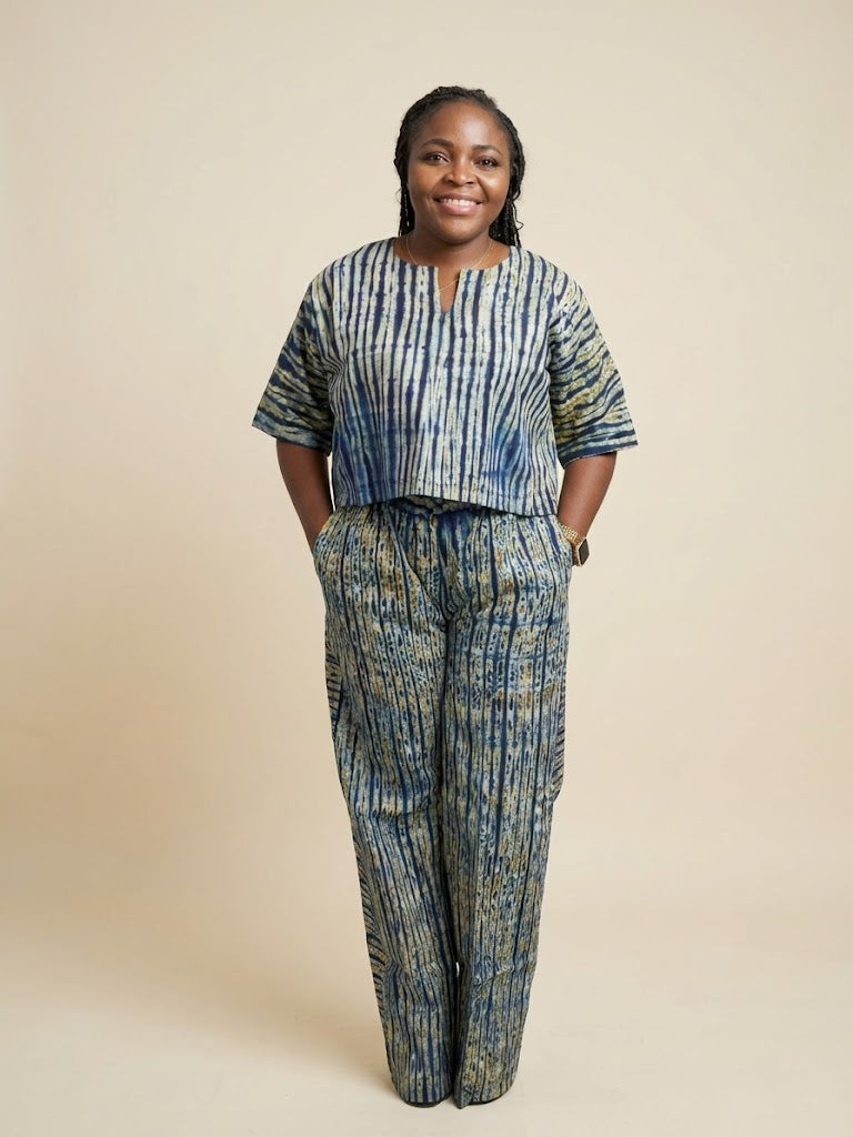 Women's Adire Shibori Print Two-Piece Co-ord Set | Crop Top & Wide Leg Trousers | Ready to Wear | UK Next-Day Delivery