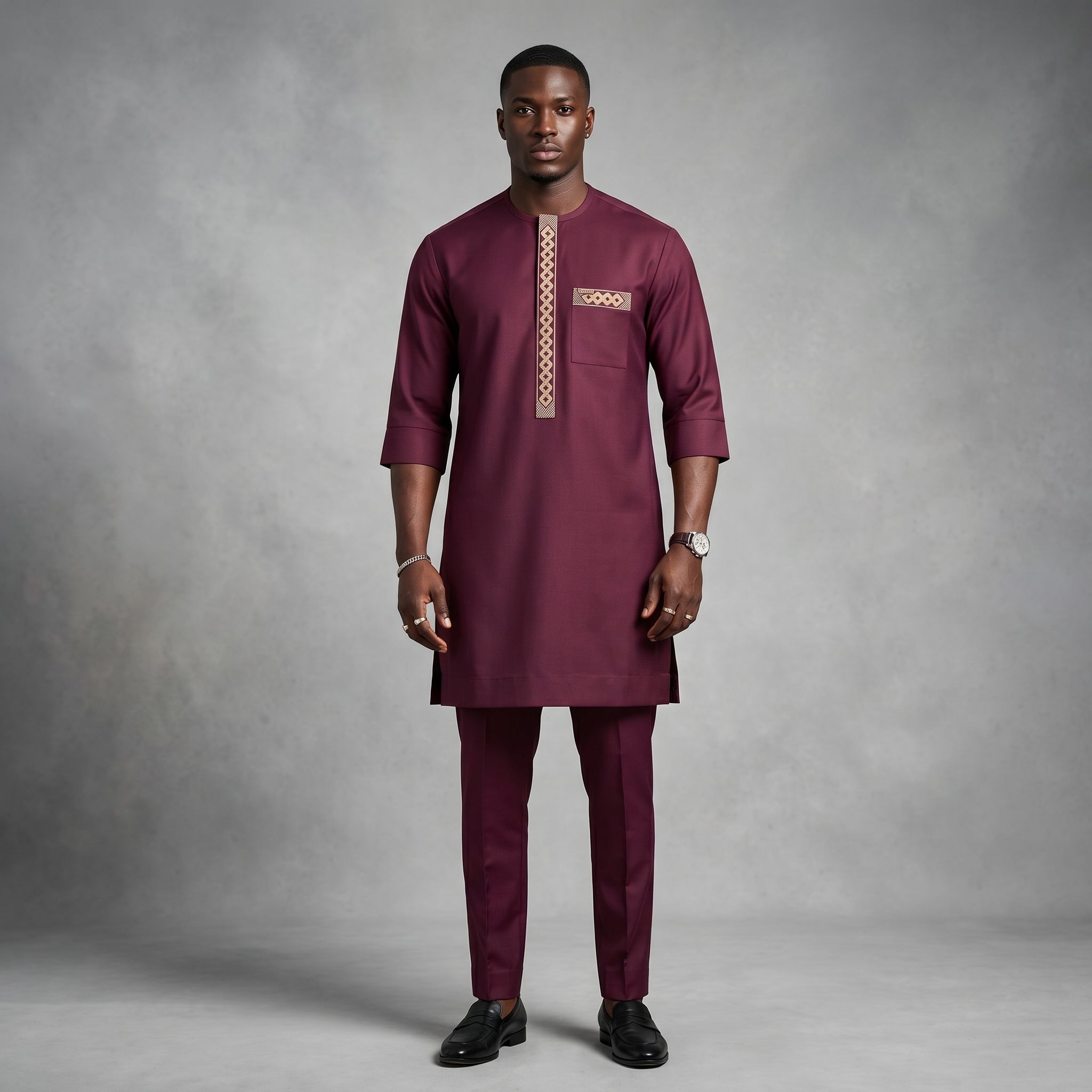 Men's Burgundy Gold Embroidered Senator Two-Piece Set | African Occasion Wear UK | DerightFS