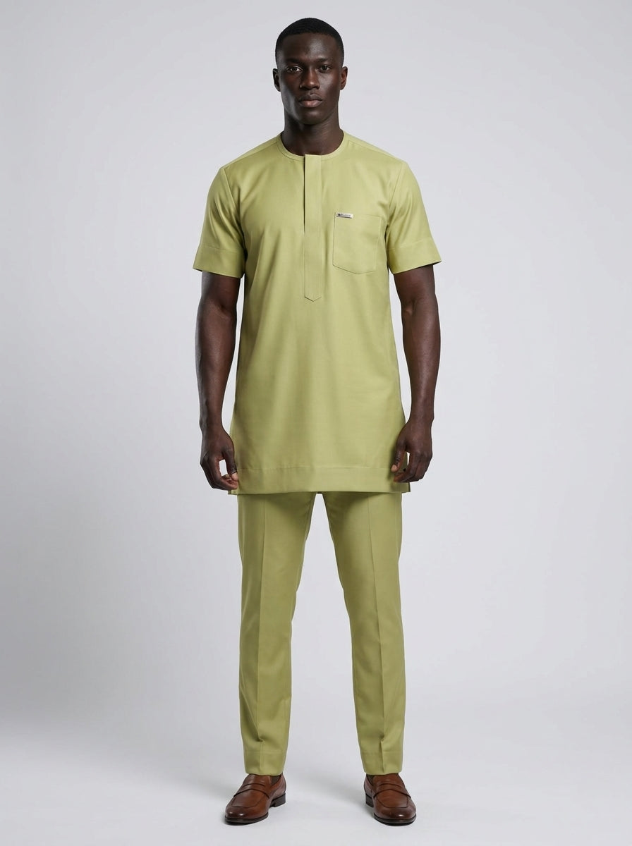 DerightFS Men's Luxury Sage Green Senator Wear Set – Modern Short Sleeve African Tunic Top & Slim-Fit Trousers | Premium Nigerian Menswear for Weddings, Owambe & Special Occasions