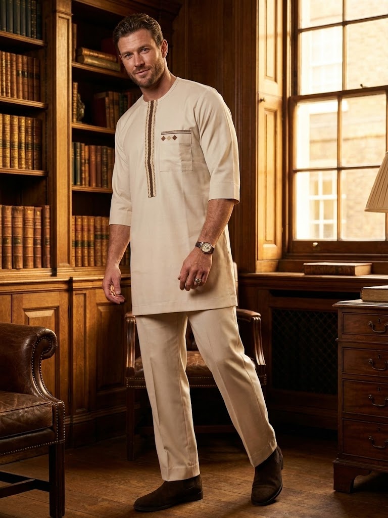 Cream Embroidered Two-Piece Men's Kaftan Senator Suit | Premium African Luxury Menswear | DerightFS