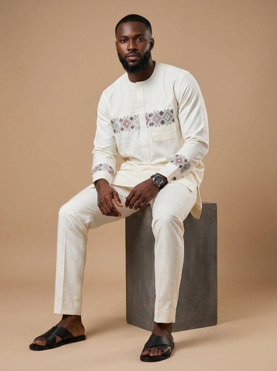 DerightFS Men's Luxury Cream Senator Wear Set – Embroidered African Traditional Two-Piece Outfit | Premium Nigerian Kaftan Top & Slim-Fit Trousers for Men