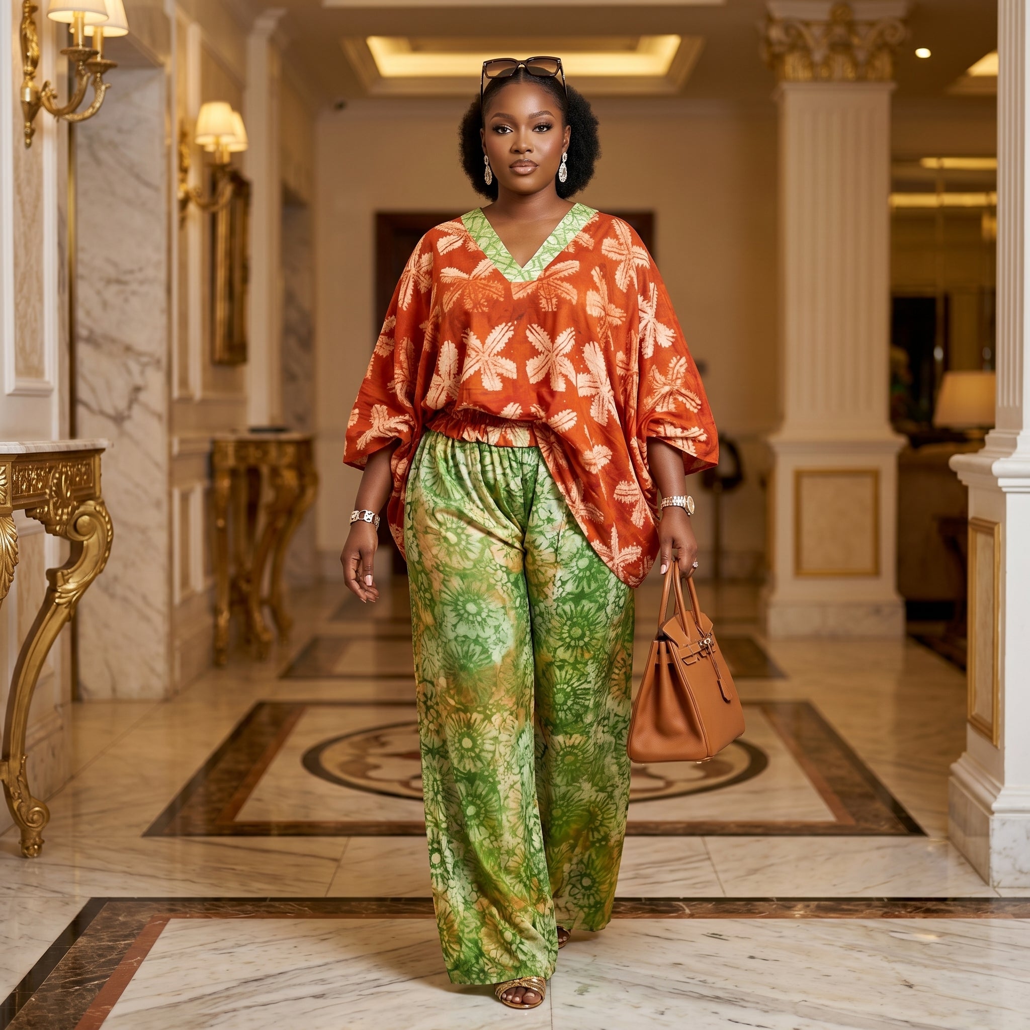 Women's Nigerian Adire Print Kaftan Top & Wide-Leg Trousers 2-Piece Set – African Occasion Wear | DerightFS