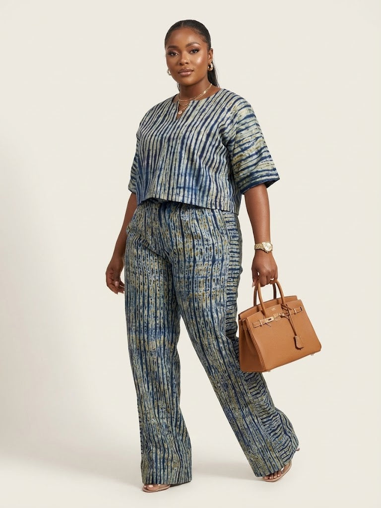 Women's Adire Shibori Print Two-Piece Co-ord Set | Crop Top & Wide Leg Trousers | Ready to Wear | UK Next-Day Delivery