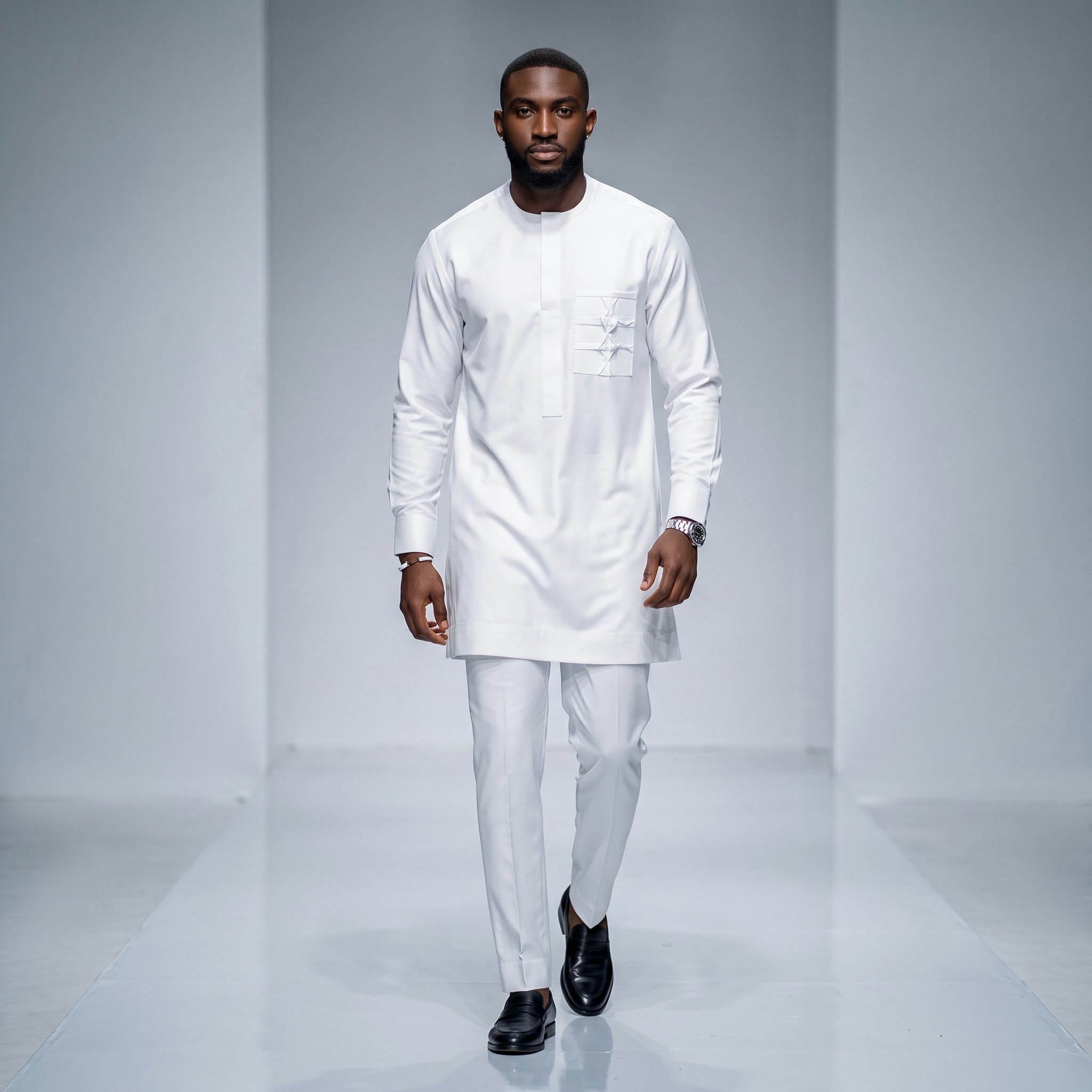 Men's White Long Sleeve Senator Two-Piece Set | Minimalist African Occasion Wear | Deright Fashion Store