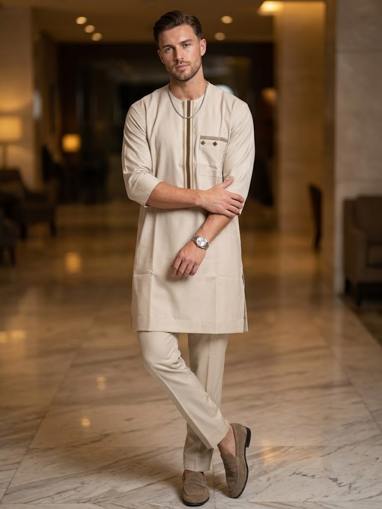Cream Embroidered Two-Piece Men's Kaftan Senator Suit | Premium African Luxury Menswear | DerightFS