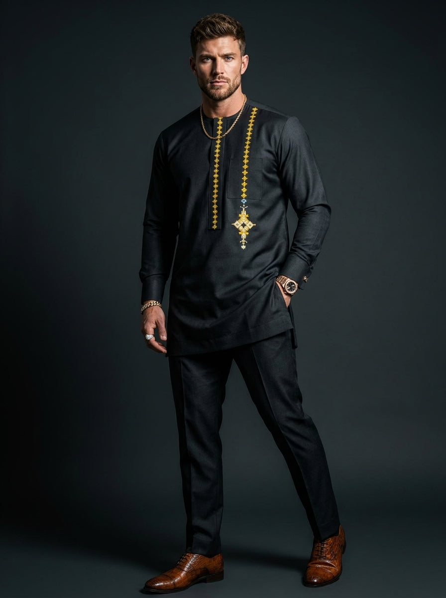 DerightFS Men's Luxury Black Senator Wear Set – Premium African Embroidered Kaftan Top & Slim-Fit Trousers | Elegant Nigerian Traditional Outfit for Weddings, Owambe & Special Occasions