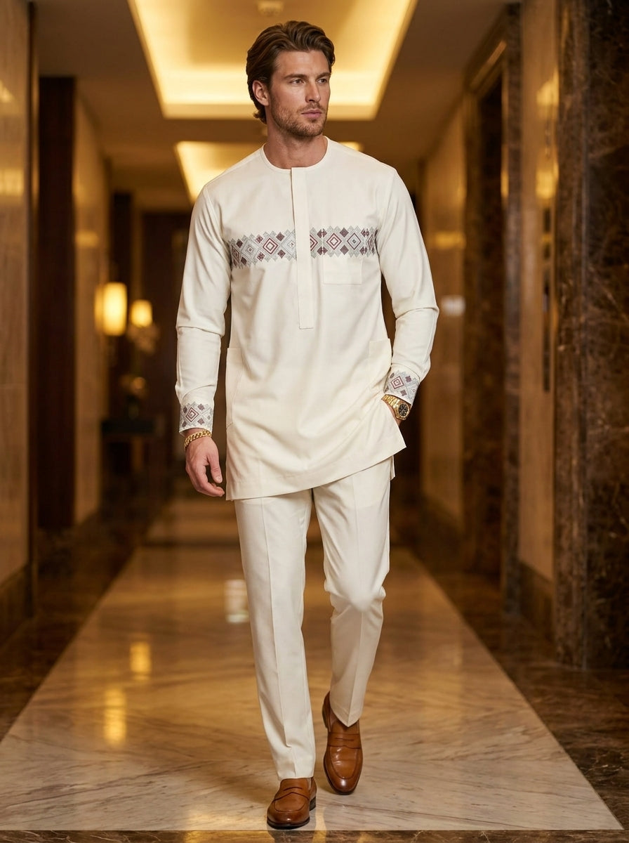 DerightFS Men's Luxury Cream Senator Wear Set – Embroidered African Traditional Two-Piece Outfit | Premium Nigerian Kaftan Top & Slim-Fit Trousers for Men