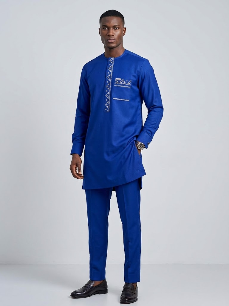 Luxury Royal Blue Embroidered Men’s Kaftan Set, Extended Length Agbada Style, Premium African Senator Outfit | DerightFS