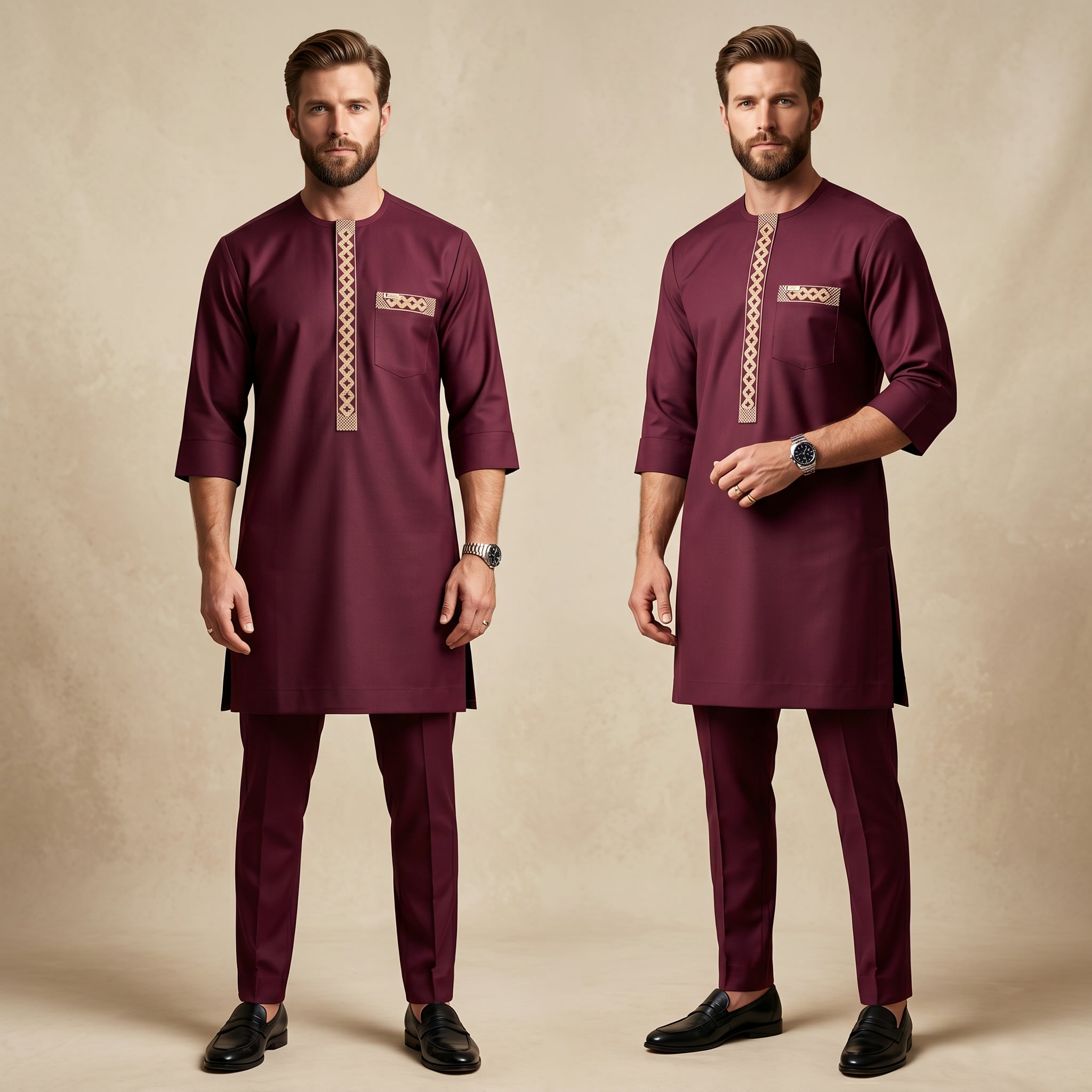 Men's Burgundy Gold Embroidered Senator Two-Piece Set | African Occasion Wear UK | DerightFS