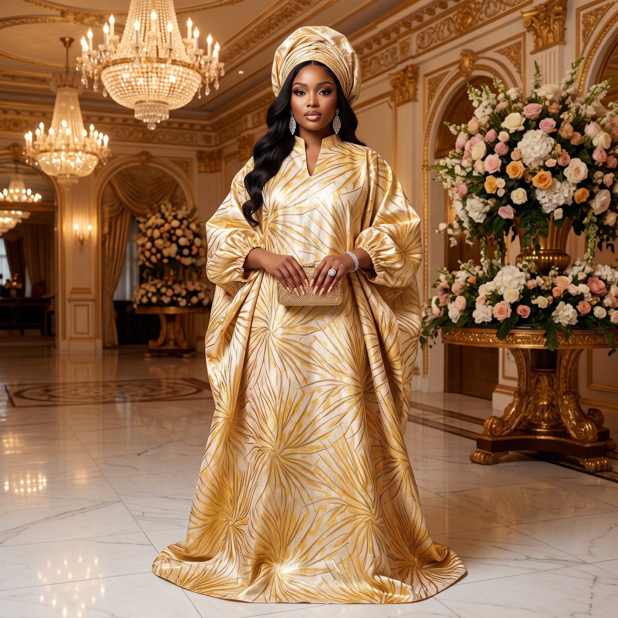 Women's Gold & Cream Metallic Boubou Kaftan | Luxury African Occasion Wear | Wedding Guest Dress | Deright Fashion Store